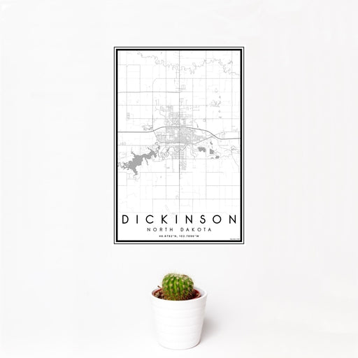 12x18 Dickinson North Dakota Map Print Portrait Orientation in Classic Style With Small Cactus Plant in White Planter
