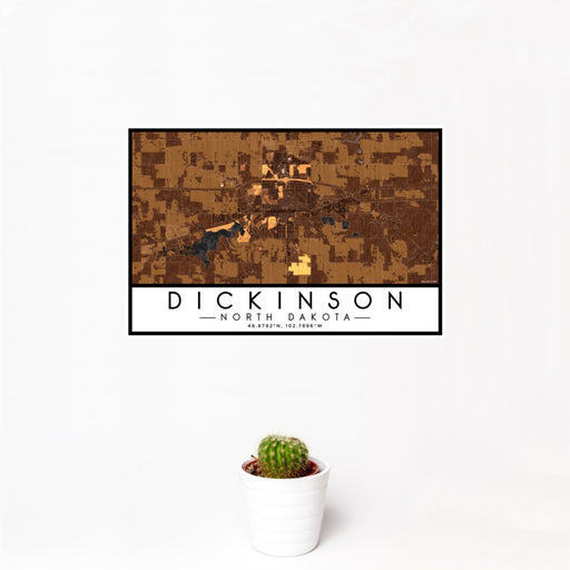 12x18 Dickinson North Dakota Map Print Landscape Orientation in Ember Style With Small Cactus Plant in White Planter