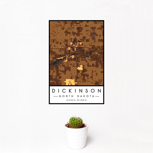 12x18 Dickinson North Dakota Map Print Portrait Orientation in Ember Style With Small Cactus Plant in White Planter