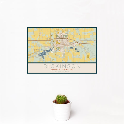 12x18 Dickinson North Dakota Map Print Landscape Orientation in Woodblock Style With Small Cactus Plant in White Planter