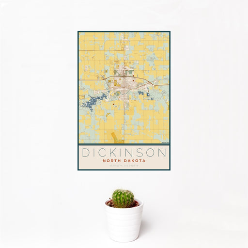 12x18 Dickinson North Dakota Map Print Portrait Orientation in Woodblock Style With Small Cactus Plant in White Planter