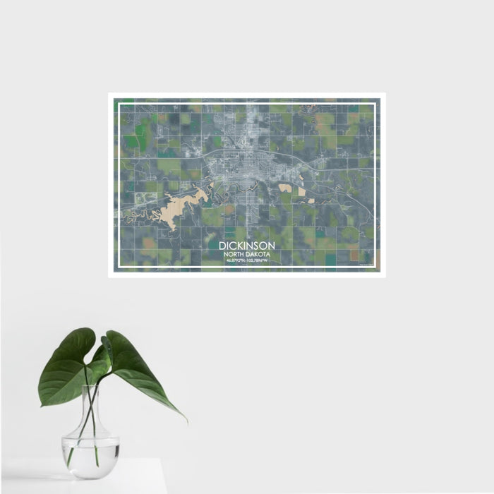 16x24 Dickinson North Dakota Map Print Landscape Orientation in Afternoon Style With Tropical Plant Leaves in Water