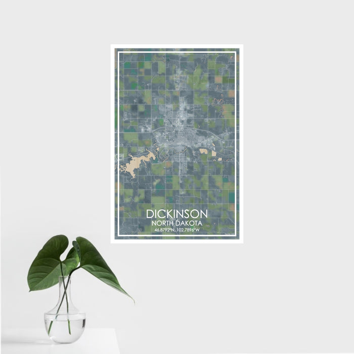 16x24 Dickinson North Dakota Map Print Portrait Orientation in Afternoon Style With Tropical Plant Leaves in Water