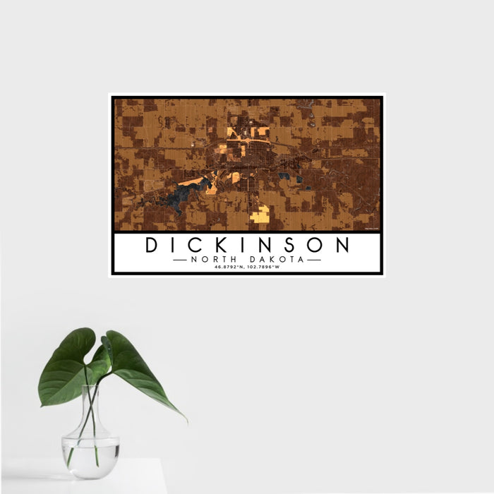 16x24 Dickinson North Dakota Map Print Landscape Orientation in Ember Style With Tropical Plant Leaves in Water