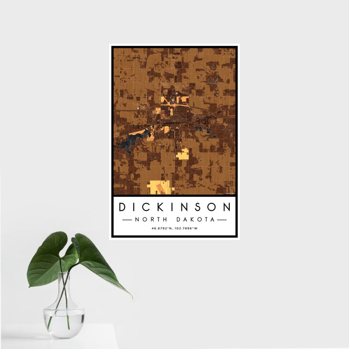 16x24 Dickinson North Dakota Map Print Portrait Orientation in Ember Style With Tropical Plant Leaves in Water