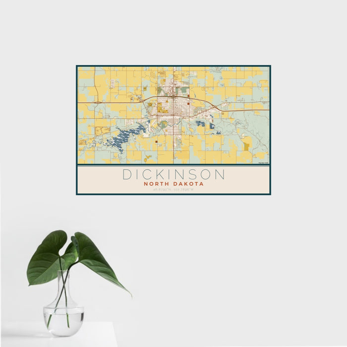 16x24 Dickinson North Dakota Map Print Landscape Orientation in Woodblock Style With Tropical Plant Leaves in Water