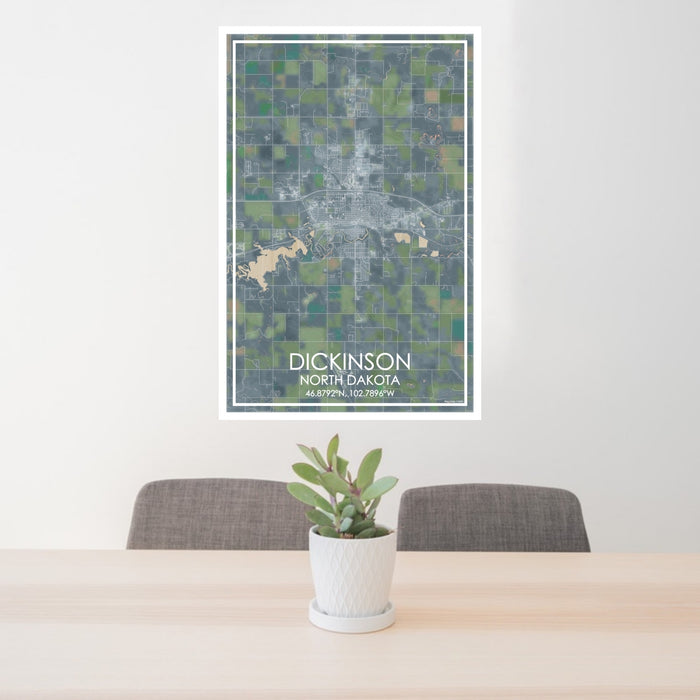 24x36 Dickinson North Dakota Map Print Portrait Orientation in Afternoon Style Behind 2 Chairs Table and Potted Plant