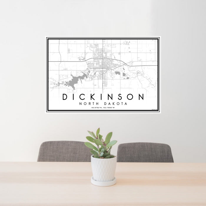 24x36 Dickinson North Dakota Map Print Lanscape Orientation in Classic Style Behind 2 Chairs Table and Potted Plant