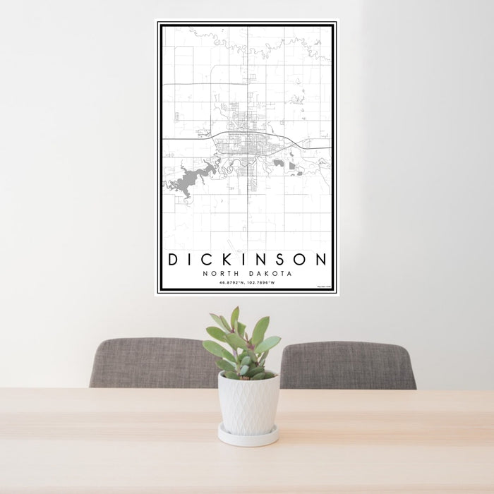 24x36 Dickinson North Dakota Map Print Portrait Orientation in Classic Style Behind 2 Chairs Table and Potted Plant