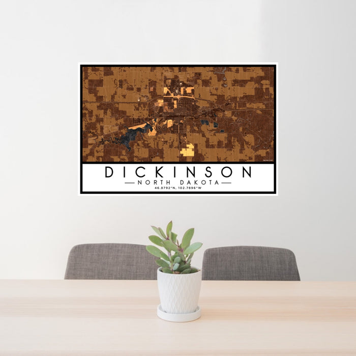 24x36 Dickinson North Dakota Map Print Lanscape Orientation in Ember Style Behind 2 Chairs Table and Potted Plant