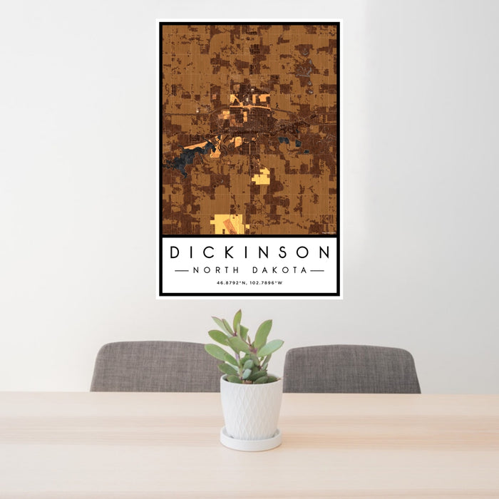24x36 Dickinson North Dakota Map Print Portrait Orientation in Ember Style Behind 2 Chairs Table and Potted Plant