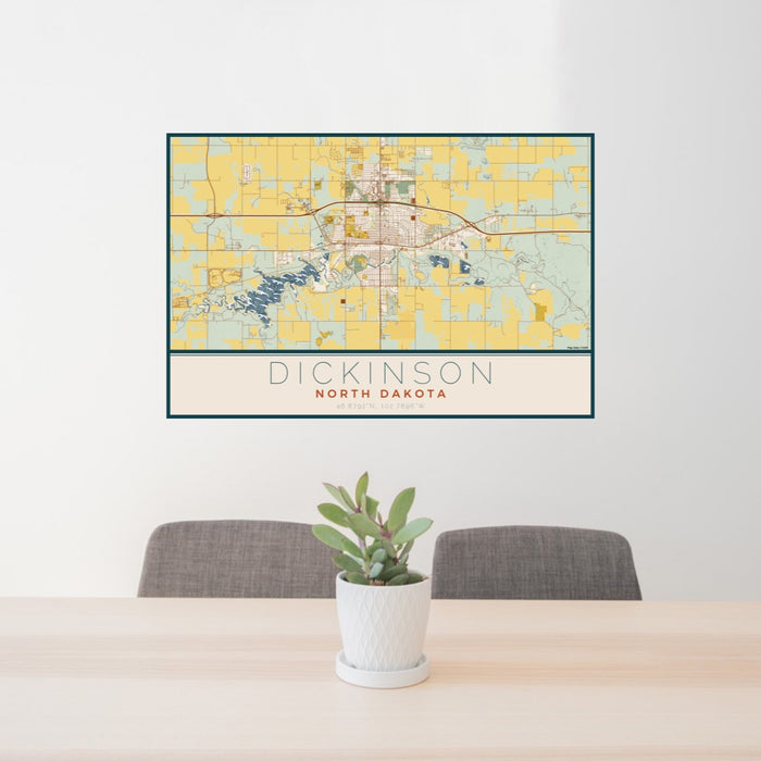 24x36 Dickinson North Dakota Map Print Lanscape Orientation in Woodblock Style Behind 2 Chairs Table and Potted Plant