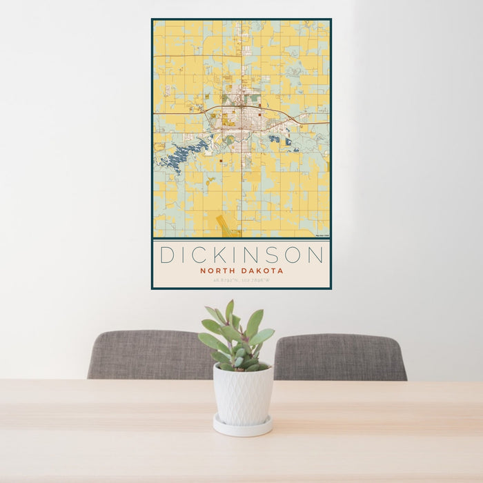 24x36 Dickinson North Dakota Map Print Portrait Orientation in Woodblock Style Behind 2 Chairs Table and Potted Plant