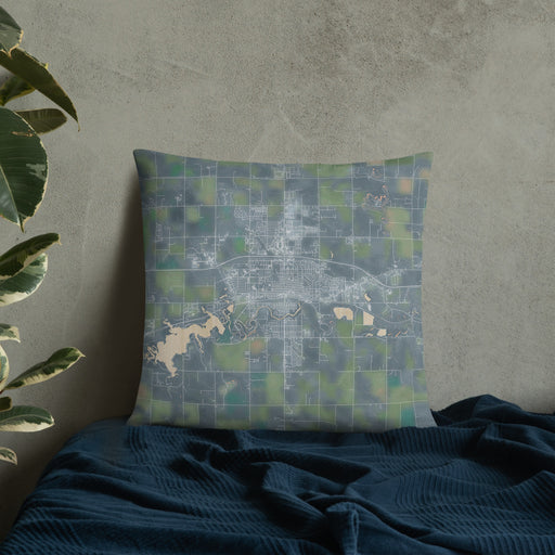 Custom Dickinson North Dakota Map Throw Pillow in Afternoon on Bedding Against Wall