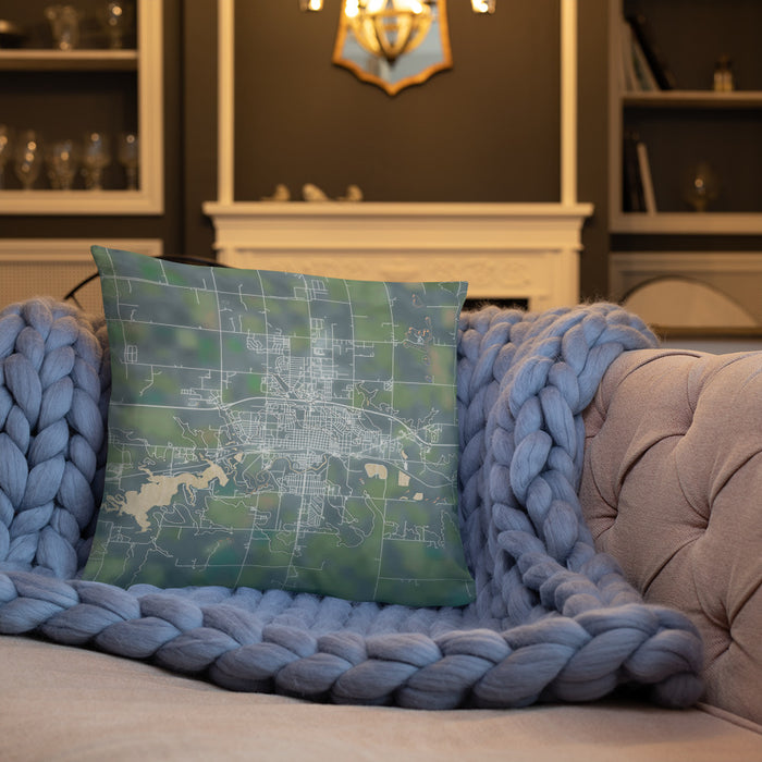 Custom Dickinson North Dakota Map Throw Pillow in Afternoon on Cream Colored Couch