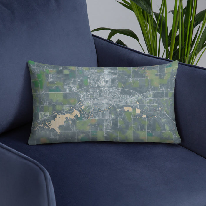 Custom Dickinson North Dakota Map Throw Pillow in Afternoon on Blue Colored Chair