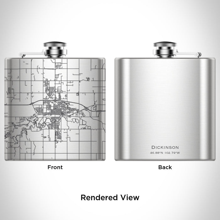 Rendered View of Dickinson North Dakota Map Engraving on 6oz Stainless Steel Flask