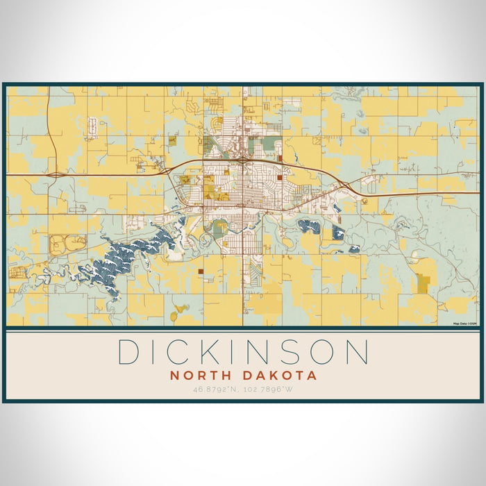 Dickinson North Dakota Map Print Landscape Orientation in Woodblock Style With Shaded Background