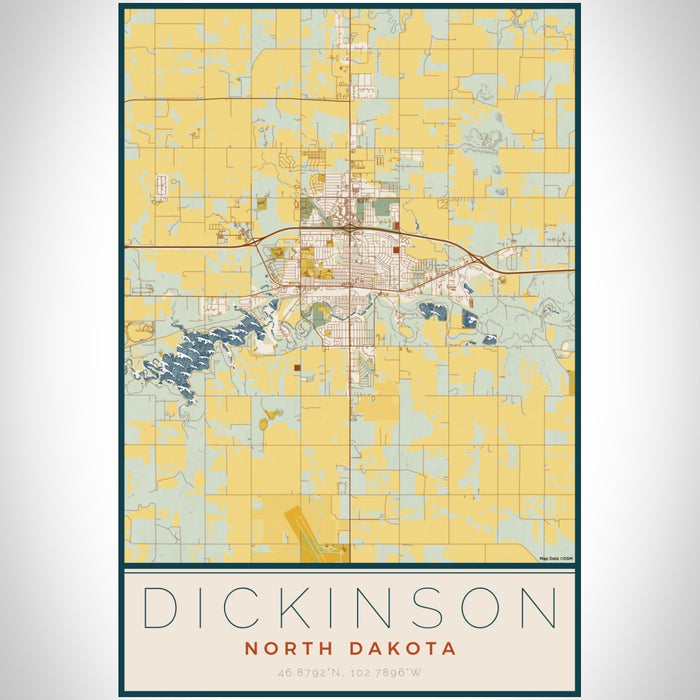 Dickinson North Dakota Map Print Portrait Orientation in Woodblock Style With Shaded Background