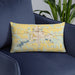 Custom Dickinson North Dakota Map Throw Pillow in Woodblock on Blue Colored Chair