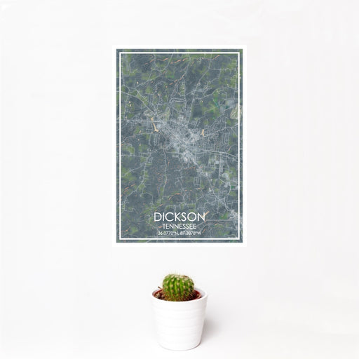 12x18 Dickson Tennessee Map Print Portrait Orientation in Afternoon Style With Small Cactus Plant in White Planter