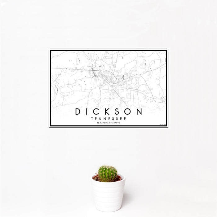 12x18 Dickson Tennessee Map Print Landscape Orientation in Classic Style With Small Cactus Plant in White Planter
