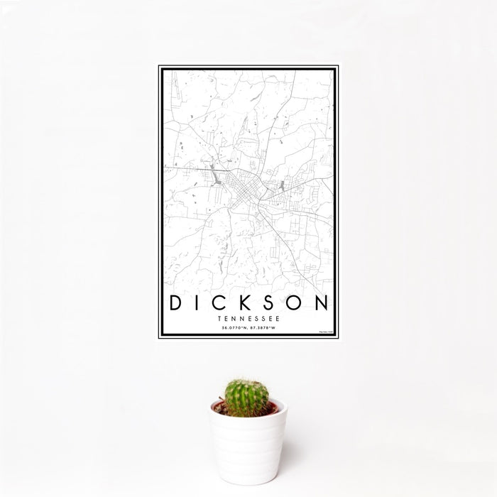 12x18 Dickson Tennessee Map Print Portrait Orientation in Classic Style With Small Cactus Plant in White Planter