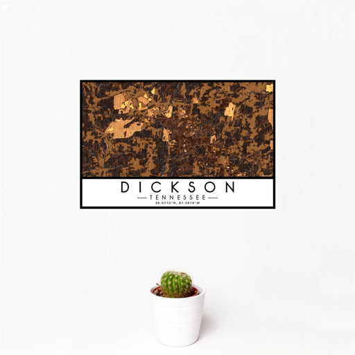 12x18 Dickson Tennessee Map Print Landscape Orientation in Ember Style With Small Cactus Plant in White Planter