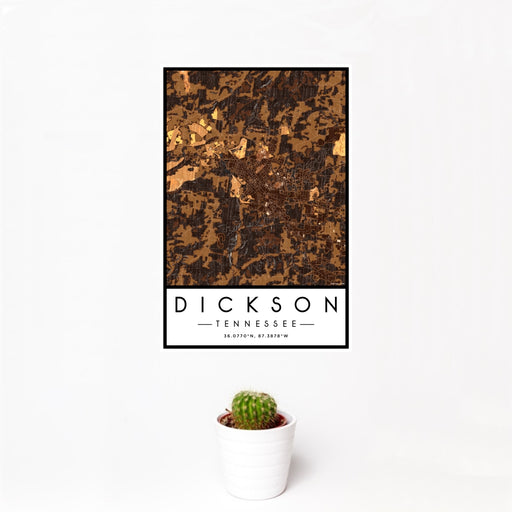 12x18 Dickson Tennessee Map Print Portrait Orientation in Ember Style With Small Cactus Plant in White Planter