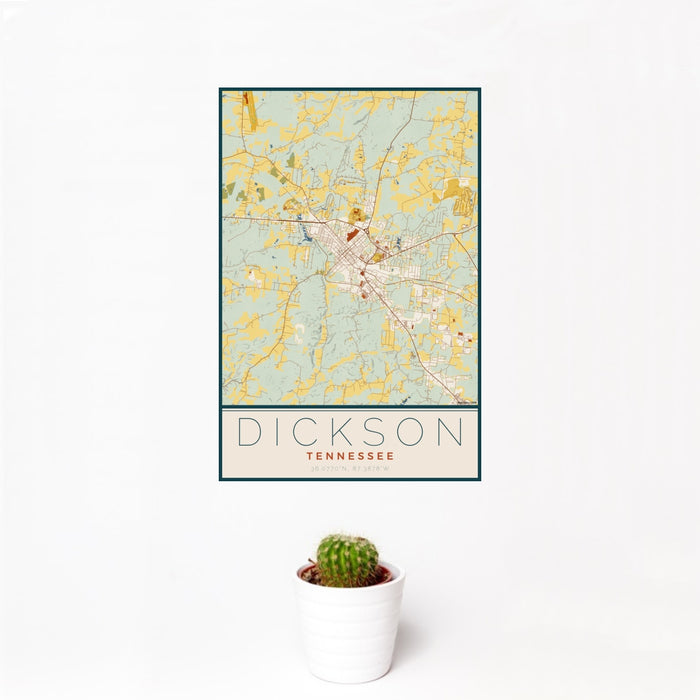 12x18 Dickson Tennessee Map Print Portrait Orientation in Woodblock Style With Small Cactus Plant in White Planter