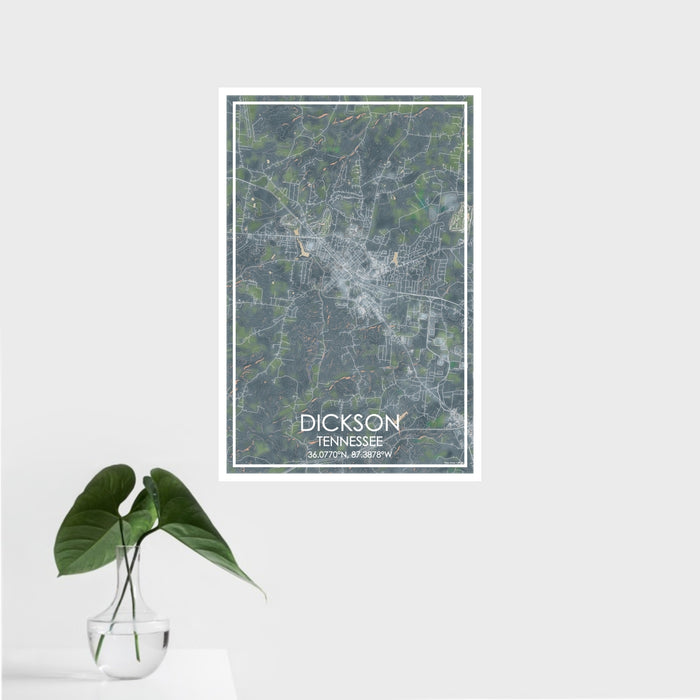16x24 Dickson Tennessee Map Print Portrait Orientation in Afternoon Style With Tropical Plant Leaves in Water