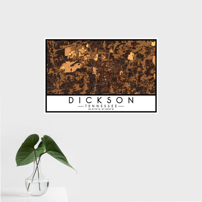 16x24 Dickson Tennessee Map Print Landscape Orientation in Ember Style With Tropical Plant Leaves in Water