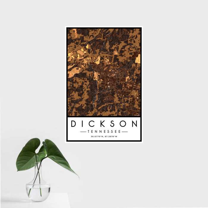 16x24 Dickson Tennessee Map Print Portrait Orientation in Ember Style With Tropical Plant Leaves in Water
