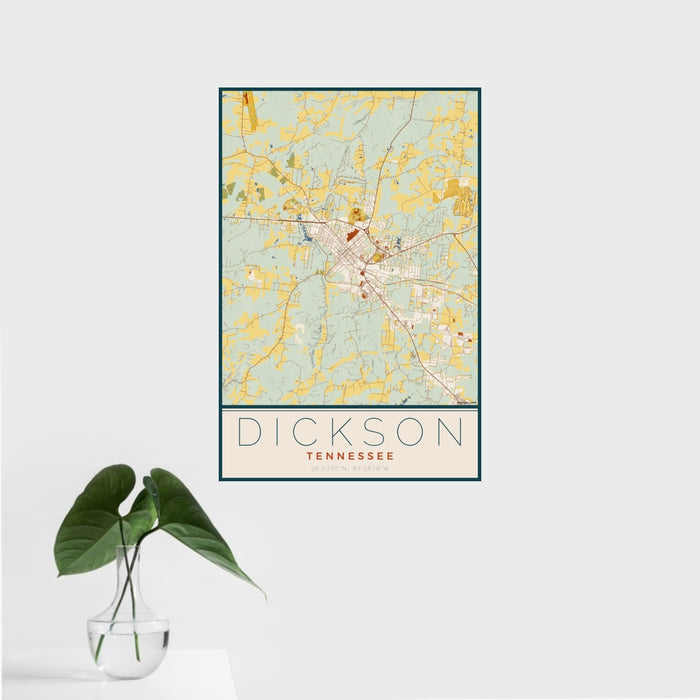 16x24 Dickson Tennessee Map Print Portrait Orientation in Woodblock Style With Tropical Plant Leaves in Water