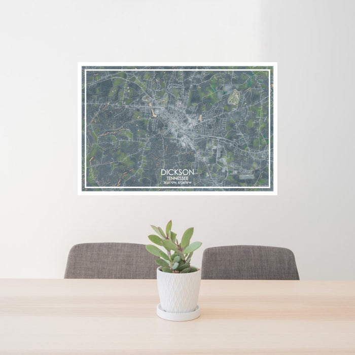 24x36 Dickson Tennessee Map Print Lanscape Orientation in Afternoon Style Behind 2 Chairs Table and Potted Plant