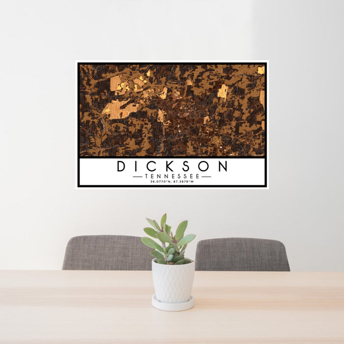 24x36 Dickson Tennessee Map Print Lanscape Orientation in Ember Style Behind 2 Chairs Table and Potted Plant