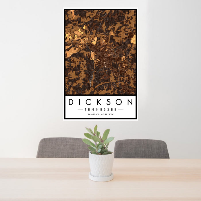 24x36 Dickson Tennessee Map Print Portrait Orientation in Ember Style Behind 2 Chairs Table and Potted Plant