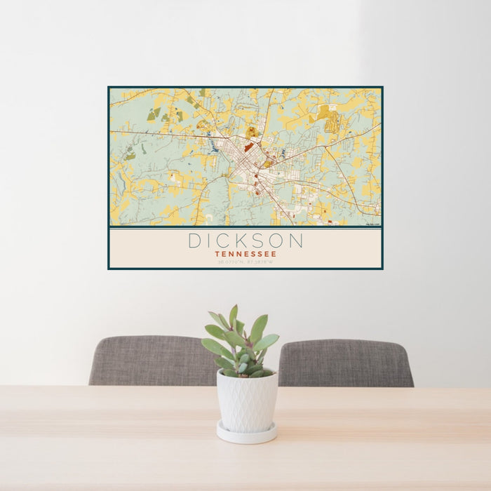 24x36 Dickson Tennessee Map Print Lanscape Orientation in Woodblock Style Behind 2 Chairs Table and Potted Plant