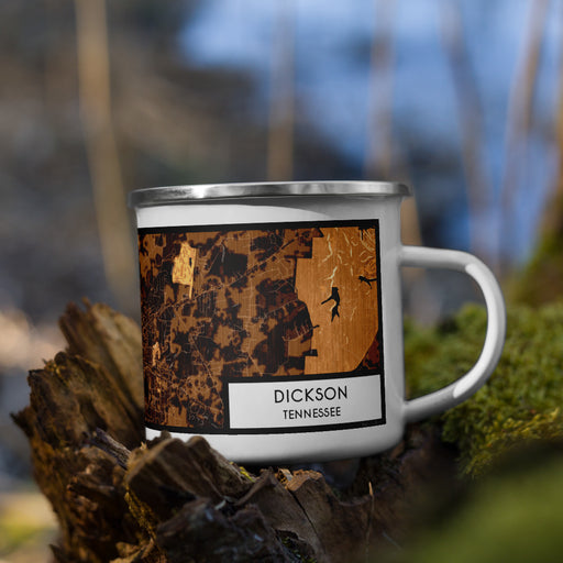 Right View Custom Dickson Tennessee Map Enamel Mug in Ember on Grass With Trees in Background