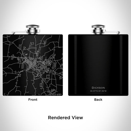 Rendered View of Dickson Tennessee Map Engraving on 6oz Stainless Steel Flask in Black
