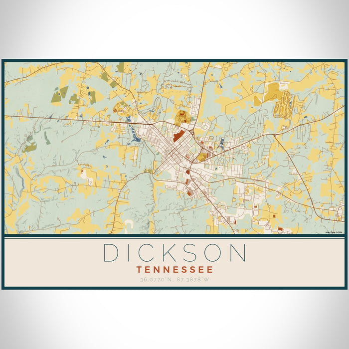 Dickson Tennessee Map Print Landscape Orientation in Woodblock Style With Shaded Background