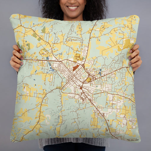Person holding 22x22 Custom Dickson Tennessee Map Throw Pillow in Woodblock