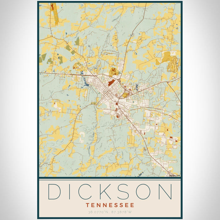 Dickson Tennessee Map Print Portrait Orientation in Woodblock Style With Shaded Background
