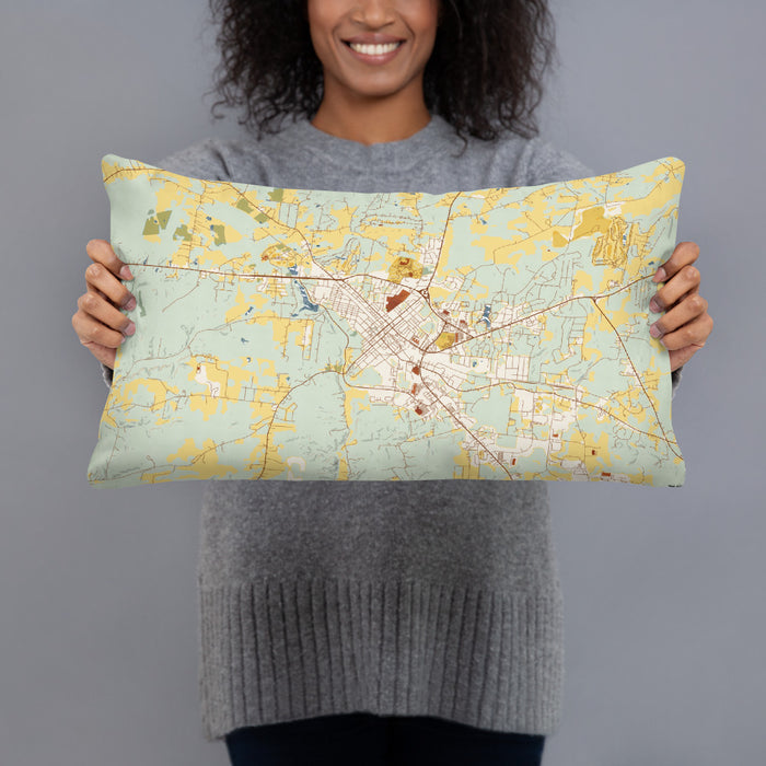 Person holding 20x12 Custom Dickson Tennessee Map Throw Pillow in Woodblock