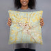 Person holding 18x18 Custom Dickson Tennessee Map Throw Pillow in Woodblock