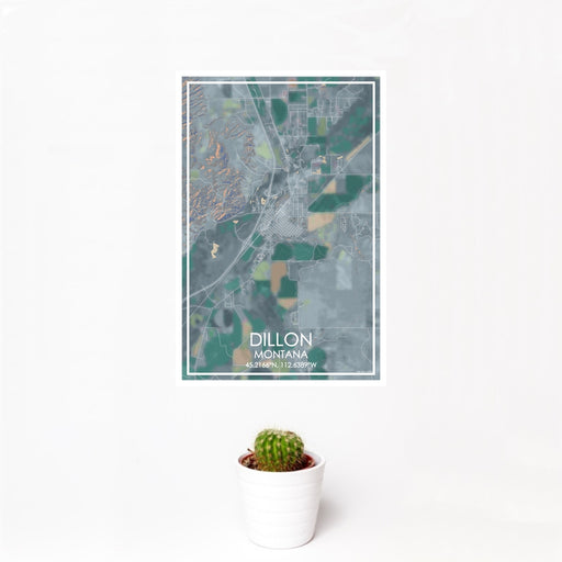 12x18 Dillon Montana Map Print Portrait Orientation in Afternoon Style With Small Cactus Plant in White Planter