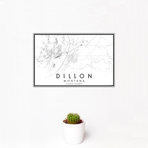 12x18 Dillon Montana Map Print Landscape Orientation in Classic Style With Small Cactus Plant in White Planter
