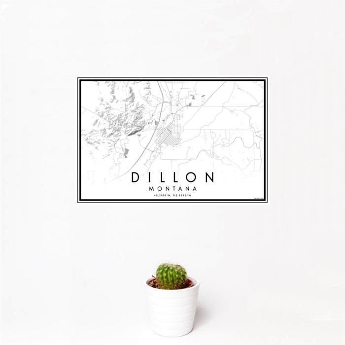 12x18 Dillon Montana Map Print Landscape Orientation in Classic Style With Small Cactus Plant in White Planter