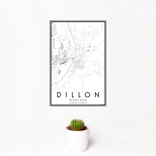 12x18 Dillon Montana Map Print Portrait Orientation in Classic Style With Small Cactus Plant in White Planter