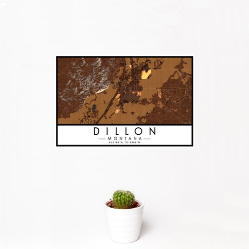 12x18 Dillon Montana Map Print Landscape Orientation in Ember Style With Small Cactus Plant in White Planter